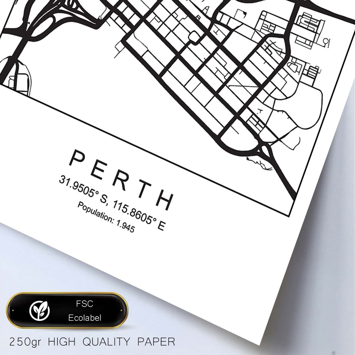 Lámina mapa de la ciudad Perth estilo nordico en blanco y negro.-Artwork-Nacnic-Nacnic Estudio SL