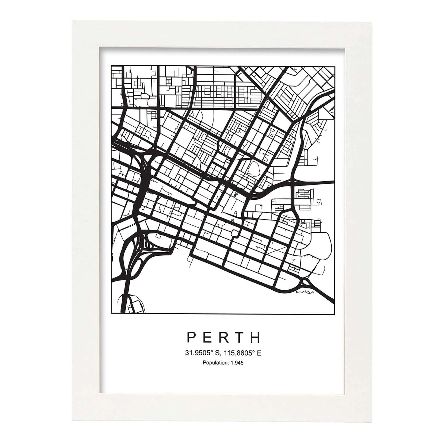Lámina mapa de la ciudad Perth estilo nordico en blanco y negro.-Artwork-Nacnic-A3-Marco Blanco-Nacnic Estudio SL
