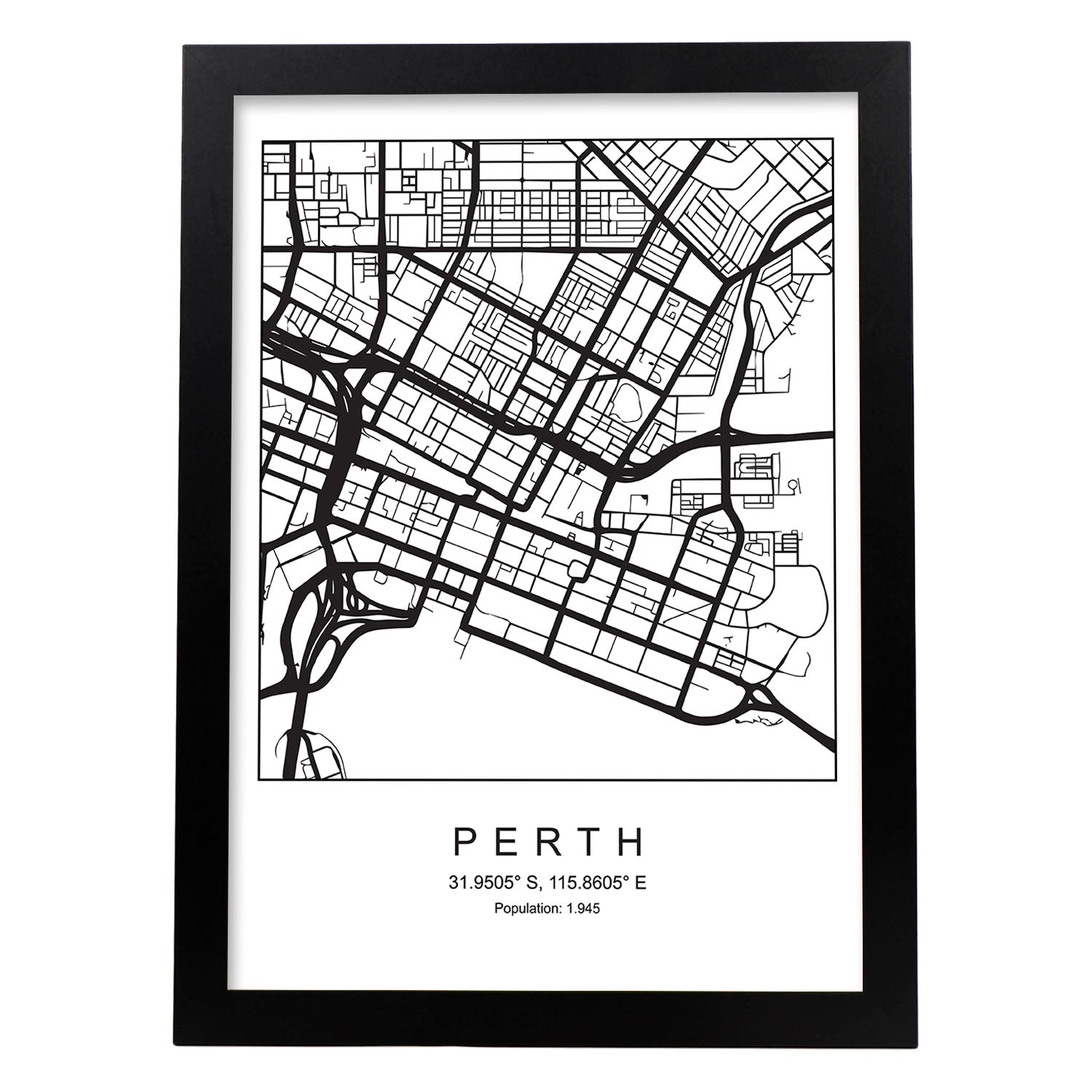 Lámina mapa de la ciudad Perth estilo nordico en blanco y negro.-Artwork-Nacnic-A3-Marco Negro-Nacnic Estudio SL