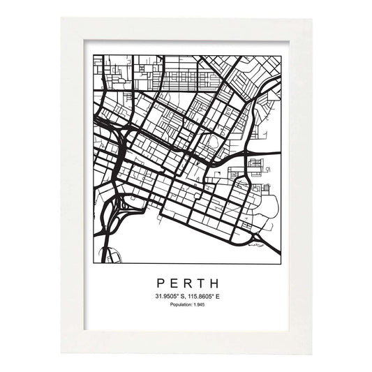 Lámina mapa de la ciudad Perth estilo nordico en blanco y negro.-Artwork-Nacnic-A4-Marco Blanco-Nacnic Estudio SL