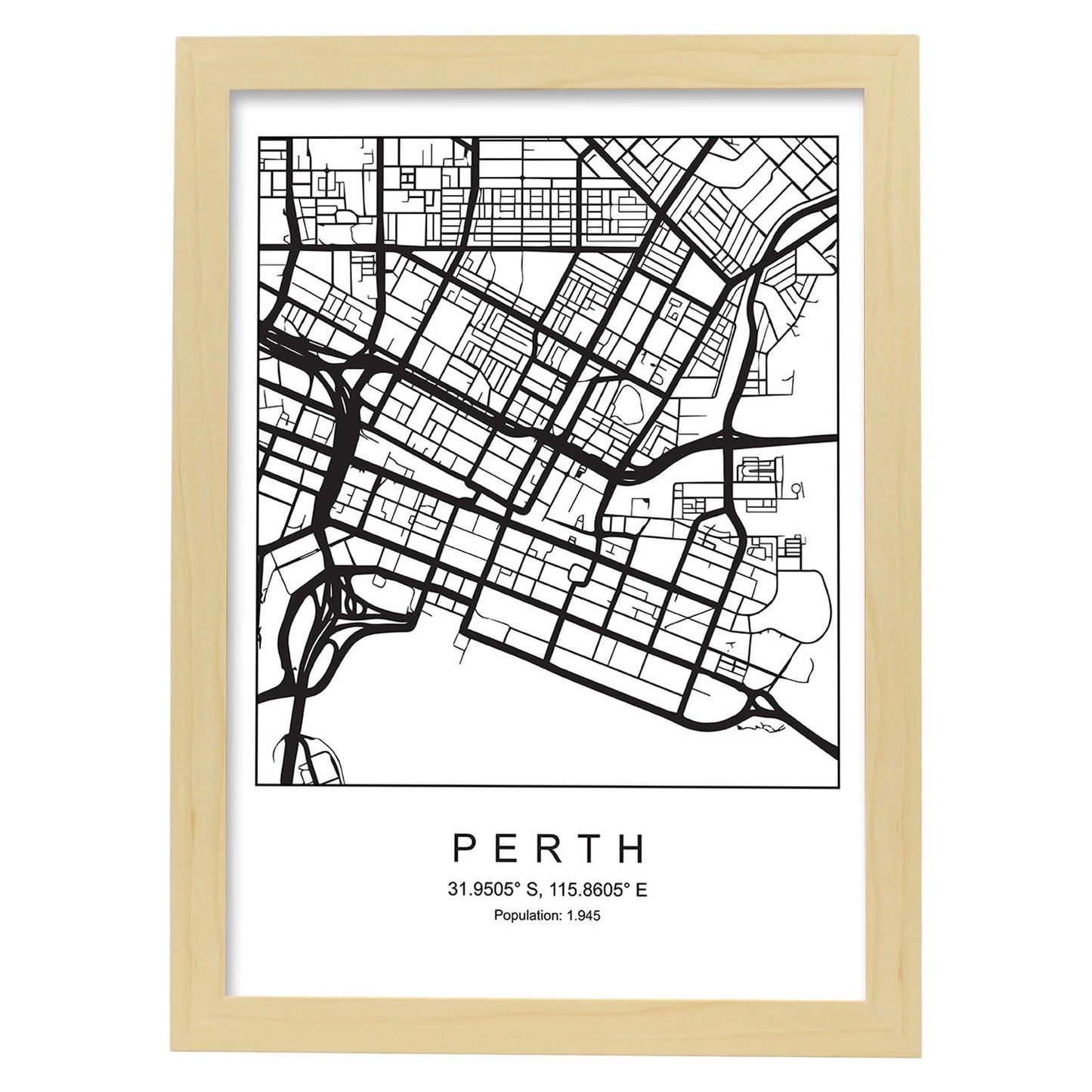 Lámina mapa de la ciudad Perth estilo nordico en blanco y negro.-Artwork-Nacnic-A4-Marco Madera clara-Nacnic Estudio SL