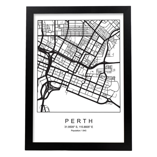Lámina mapa de la ciudad Perth estilo nordico en blanco y negro.-Artwork-Nacnic-A4-Marco Negro-Nacnic Estudio SL