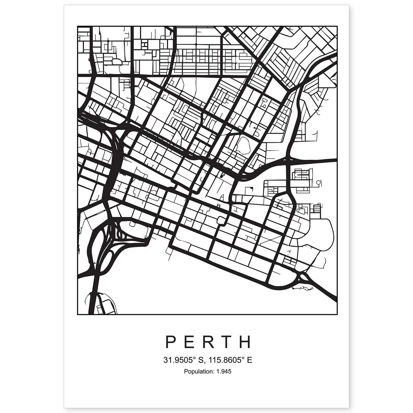 Lámina mapa de la ciudad Perth estilo nordico en blanco y negro.-Artwork-Nacnic-A4-Sin marco-Nacnic Estudio SL