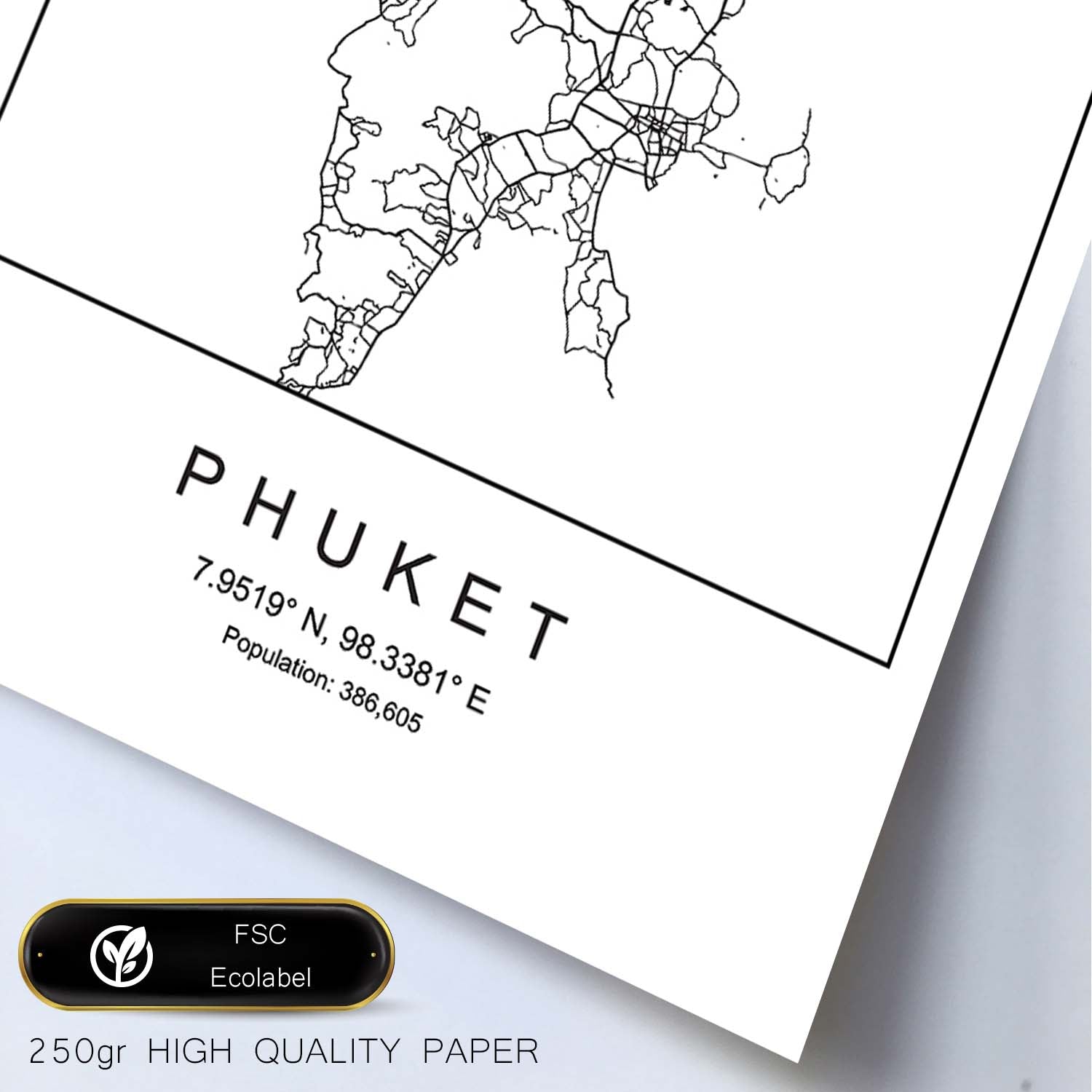 Lámina mapa de la ciudad Phuket estilo nordico en blanco y negro.-Artwork-Nacnic-Nacnic Estudio SL
