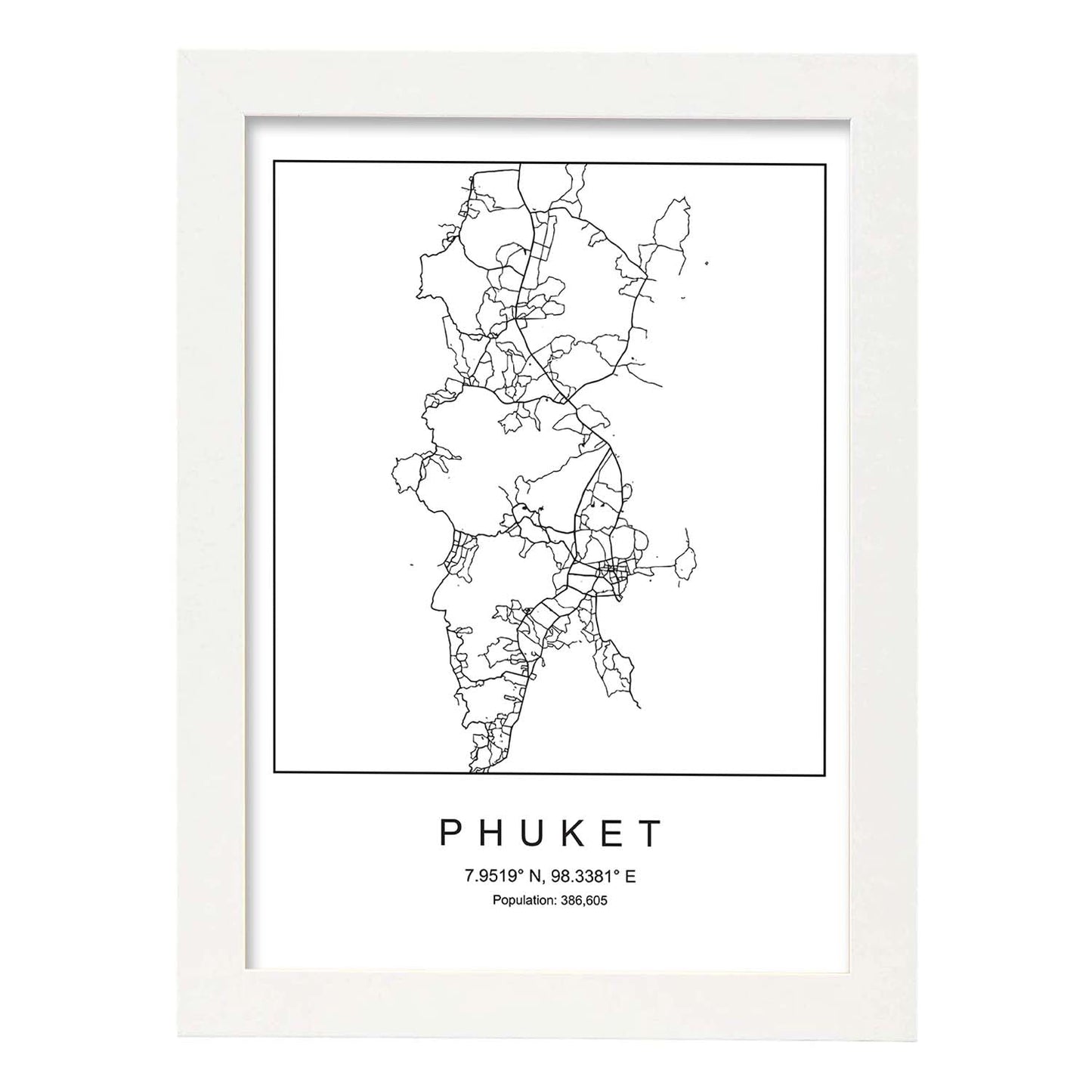 Lámina mapa de la ciudad Phuket estilo nordico en blanco y negro.-Artwork-Nacnic-A3-Marco Blanco-Nacnic Estudio SL