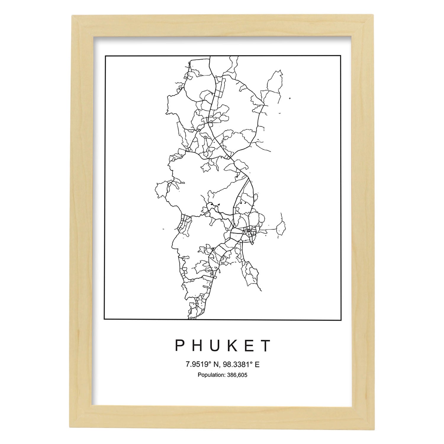 Lámina mapa de la ciudad Phuket estilo nordico en blanco y negro.-Artwork-Nacnic-A3-Marco Madera clara-Nacnic Estudio SL