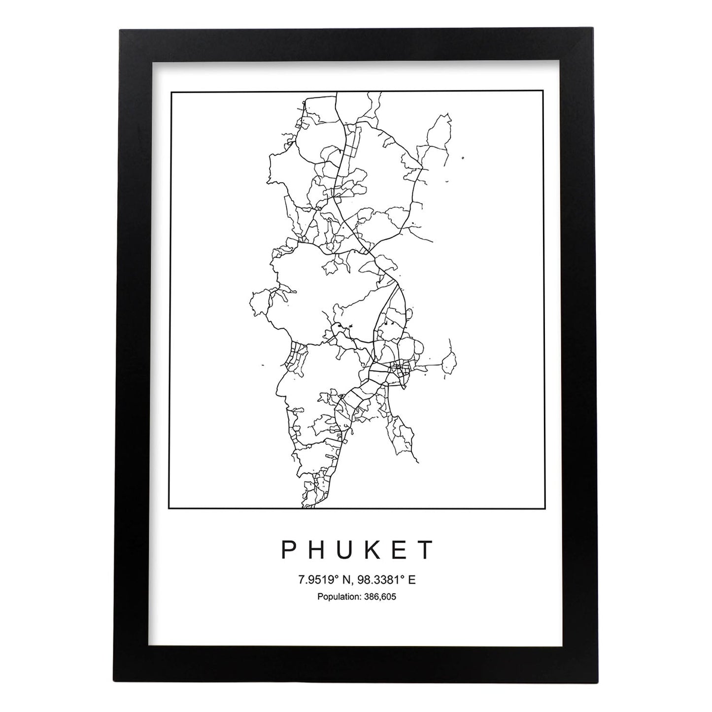 Lámina mapa de la ciudad Phuket estilo nordico en blanco y negro.-Artwork-Nacnic-A3-Marco Negro-Nacnic Estudio SL