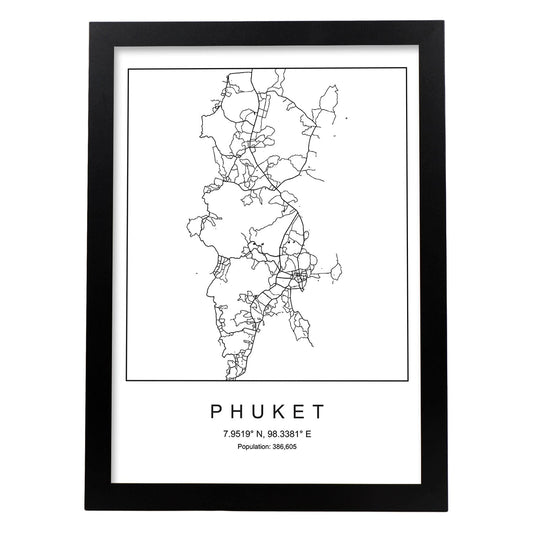 Lámina mapa de la ciudad Phuket estilo nordico en blanco y negro.-Artwork-Nacnic-A4-Marco Negro-Nacnic Estudio SL