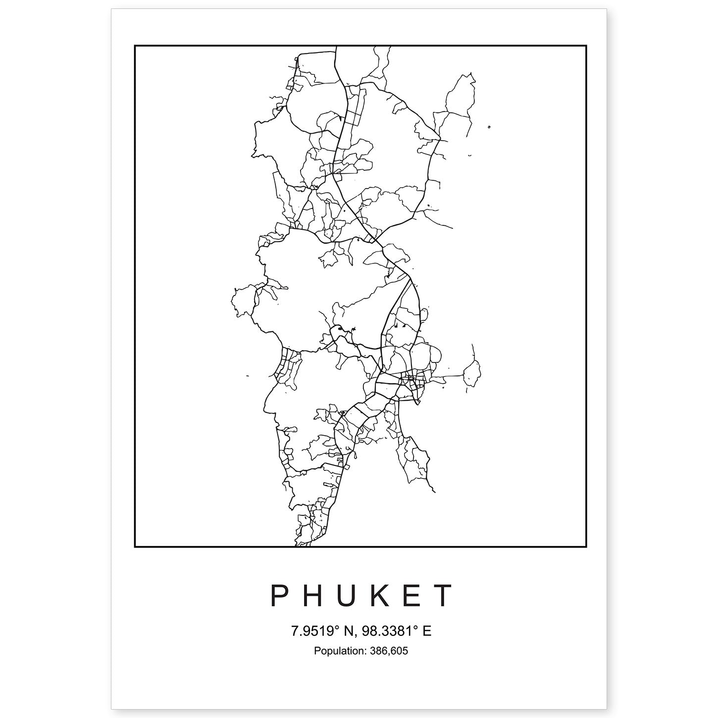 Lámina mapa de la ciudad Phuket estilo nordico en blanco y negro.-Artwork-Nacnic-A4-Sin marco-Nacnic Estudio SL