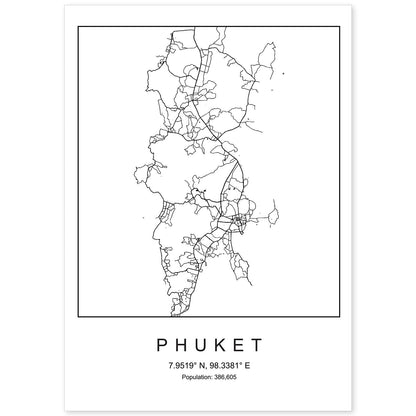 Lámina mapa de la ciudad Phuket estilo nordico en blanco y negro.-Artwork-Nacnic-A4-Sin marco-Nacnic Estudio SL