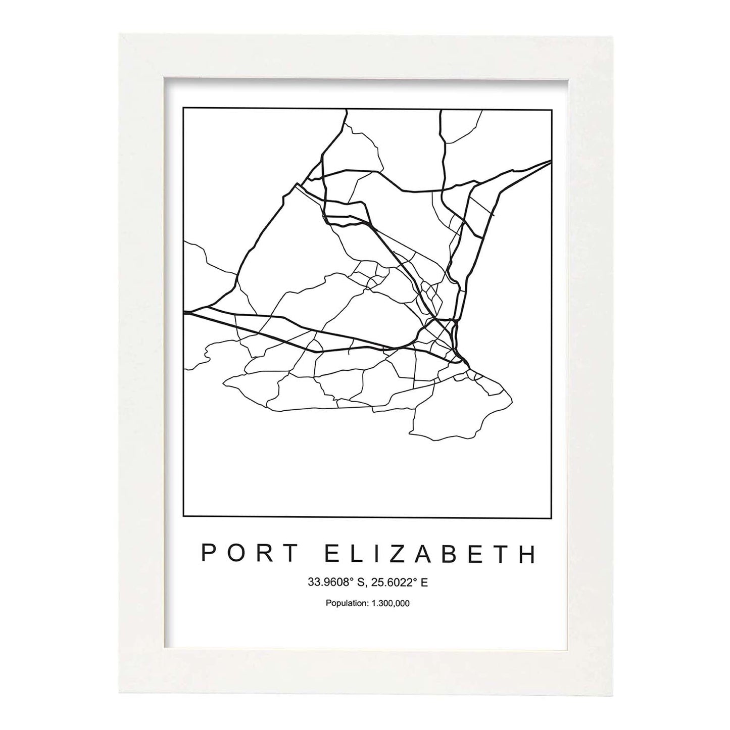 Lámina mapa de la ciudad Port elizabeth estilo nordico en blanco y negro.-Artwork-Nacnic-A3-Marco Blanco-Nacnic Estudio SL