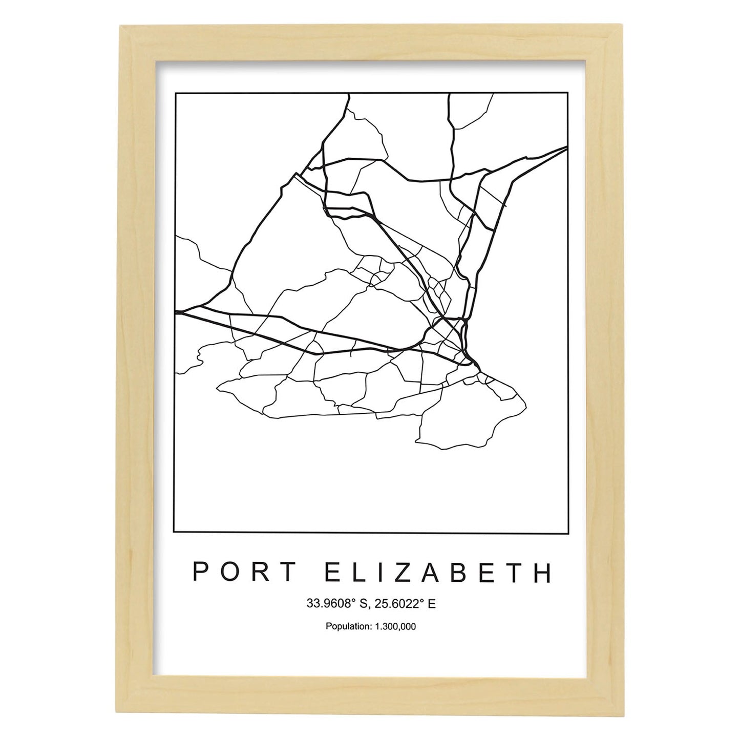 Lámina mapa de la ciudad Port elizabeth estilo nordico en blanco y negro.-Artwork-Nacnic-A3-Marco Madera clara-Nacnic Estudio SL