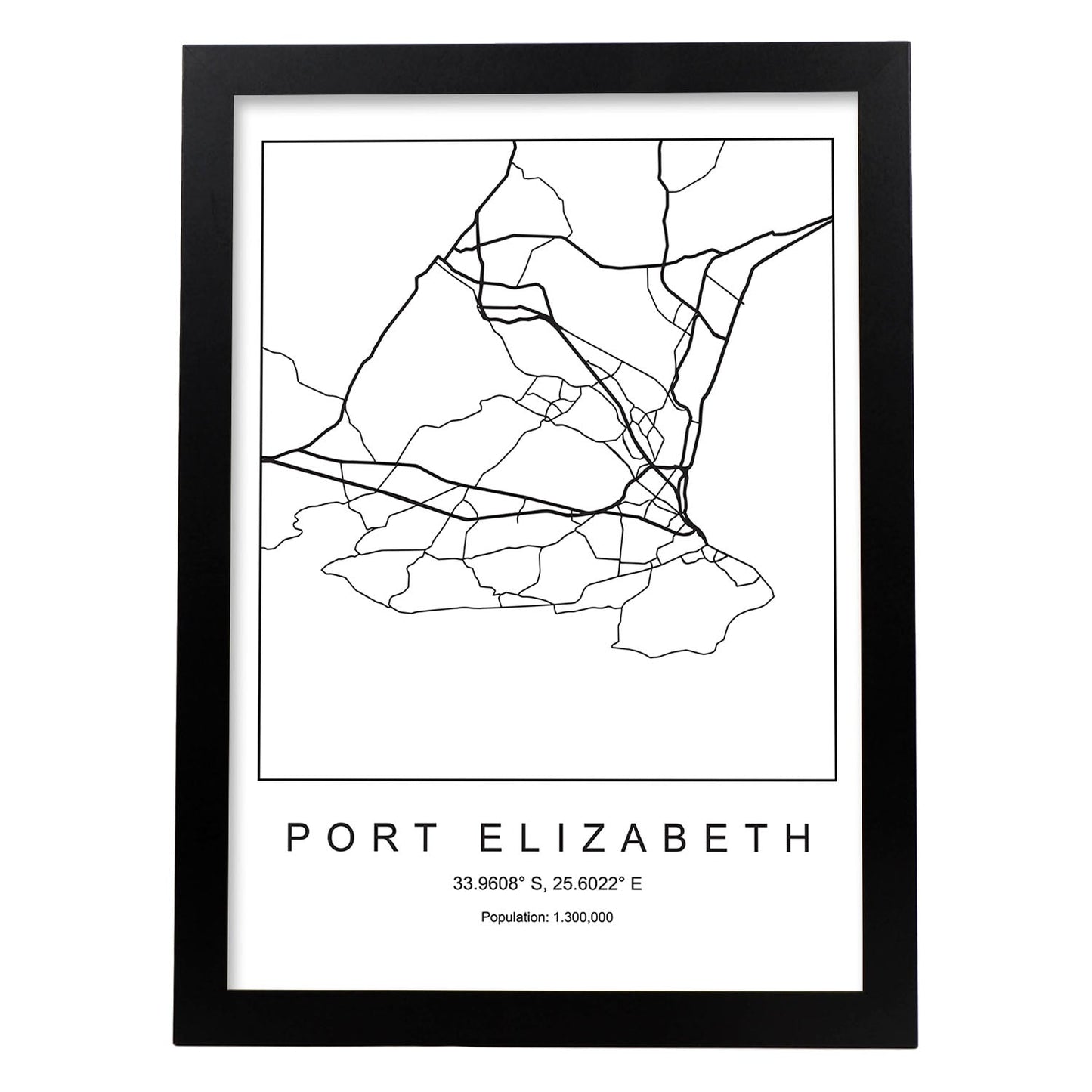 Lámina mapa de la ciudad Port elizabeth estilo nordico en blanco y negro.-Artwork-Nacnic-A3-Marco Negro-Nacnic Estudio SL