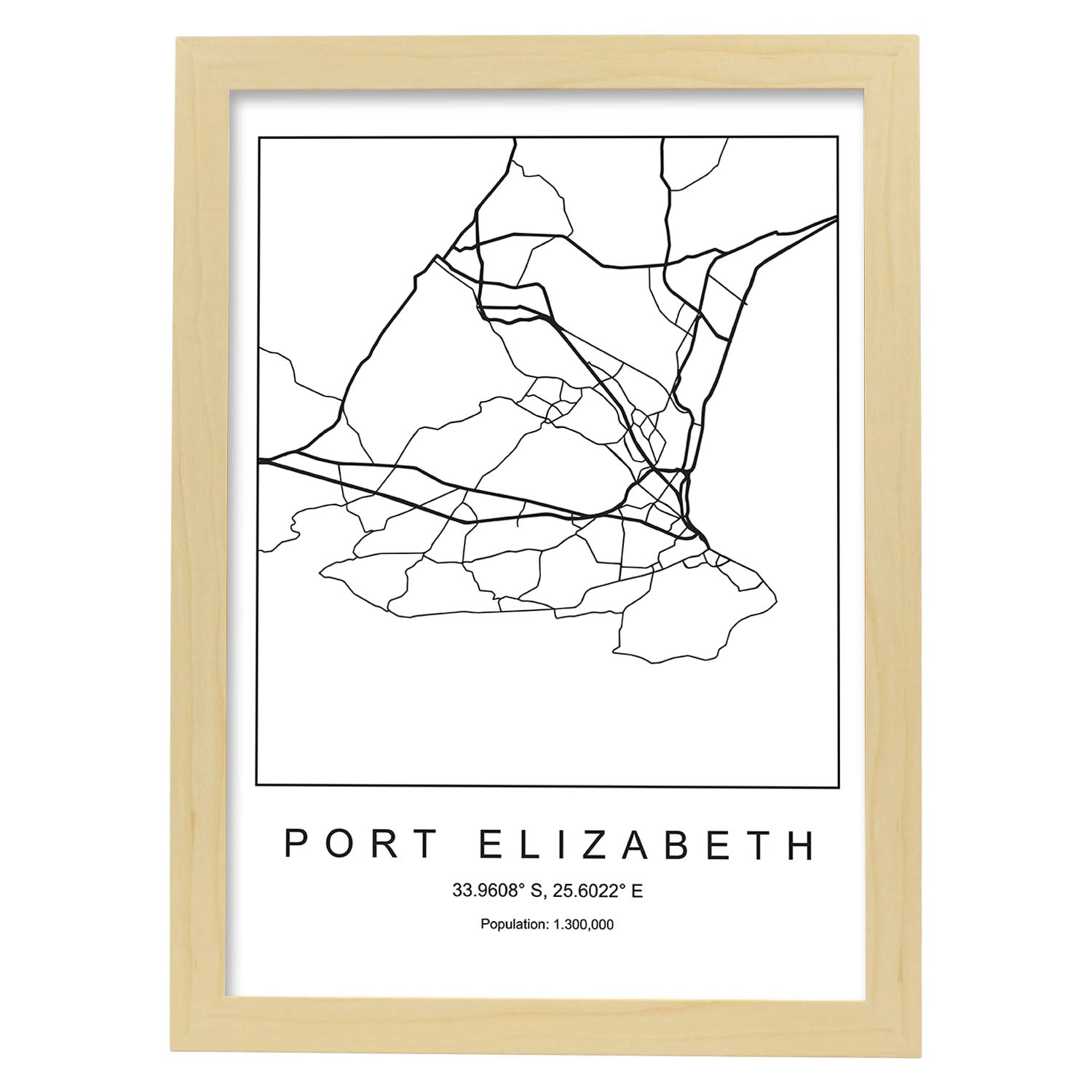 Lámina mapa de la ciudad Port elizabeth estilo nordico en blanco y negro.-Artwork-Nacnic-A4-Marco Madera clara-Nacnic Estudio SL