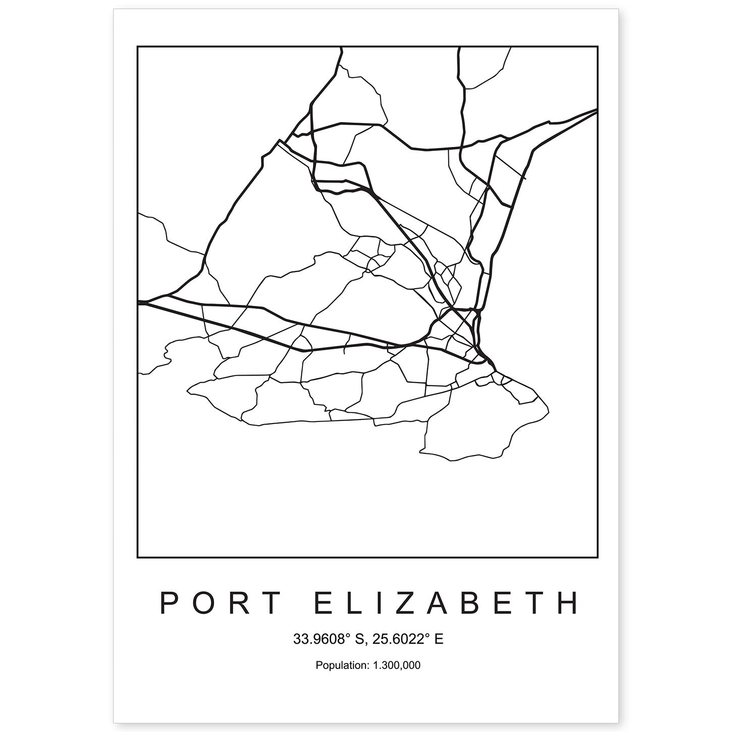 Lámina mapa de la ciudad Port elizabeth estilo nordico en blanco y negro.-Artwork-Nacnic-A4-Sin marco-Nacnic Estudio SL