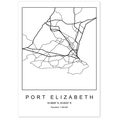 Lámina mapa de la ciudad Port elizabeth estilo nordico en blanco y negro.-Artwork-Nacnic-A4-Sin marco-Nacnic Estudio SL