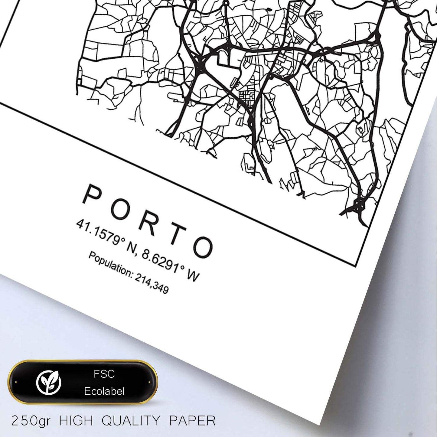Lámina mapa de la ciudad Porto estilo nordico en blanco y negro.-Artwork-Nacnic-Nacnic Estudio SL