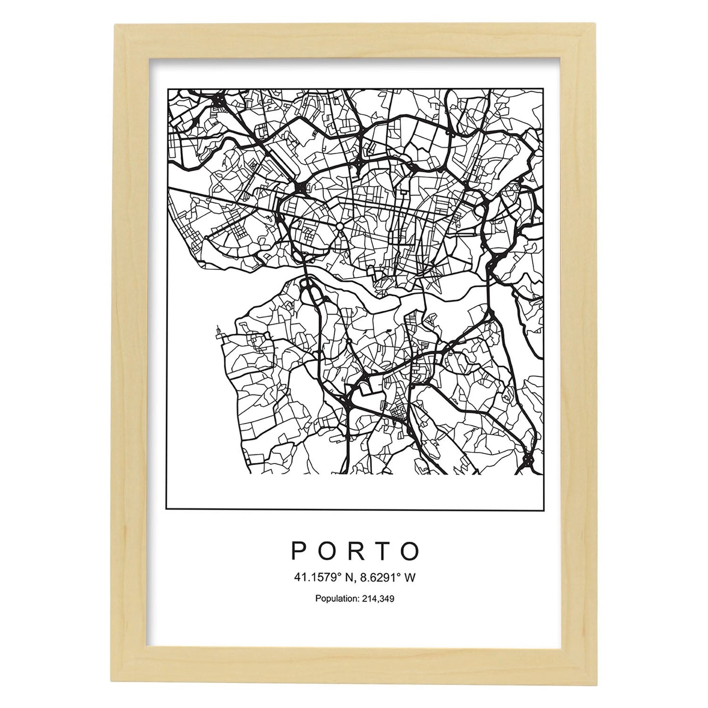 Lámina mapa de la ciudad Porto estilo nordico en blanco y negro.-Artwork-Nacnic-A3-Marco Madera clara-Nacnic Estudio SL