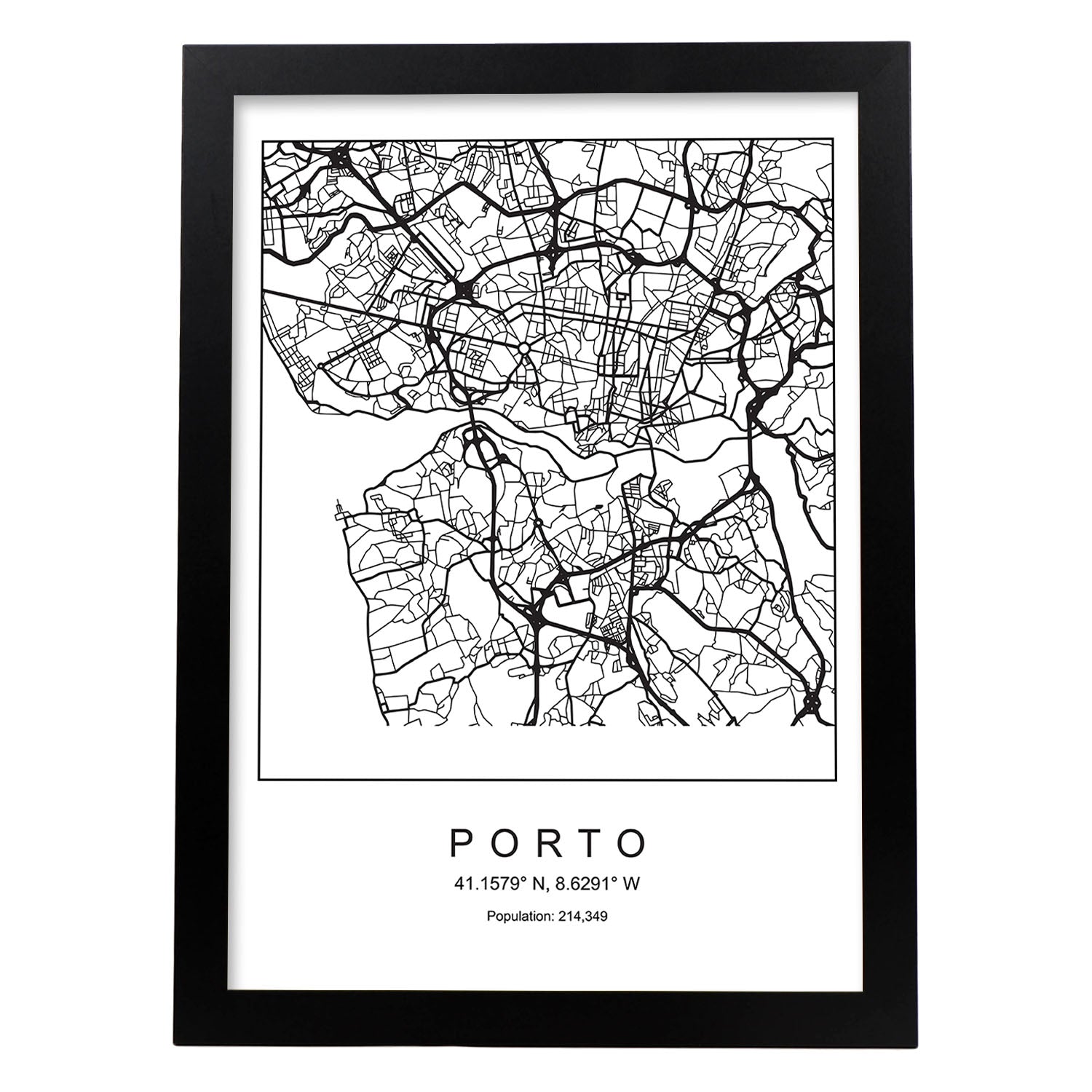 Lámina mapa de la ciudad Porto estilo nordico en blanco y negro.-Artwork-Nacnic-A3-Marco Negro-Nacnic Estudio SL