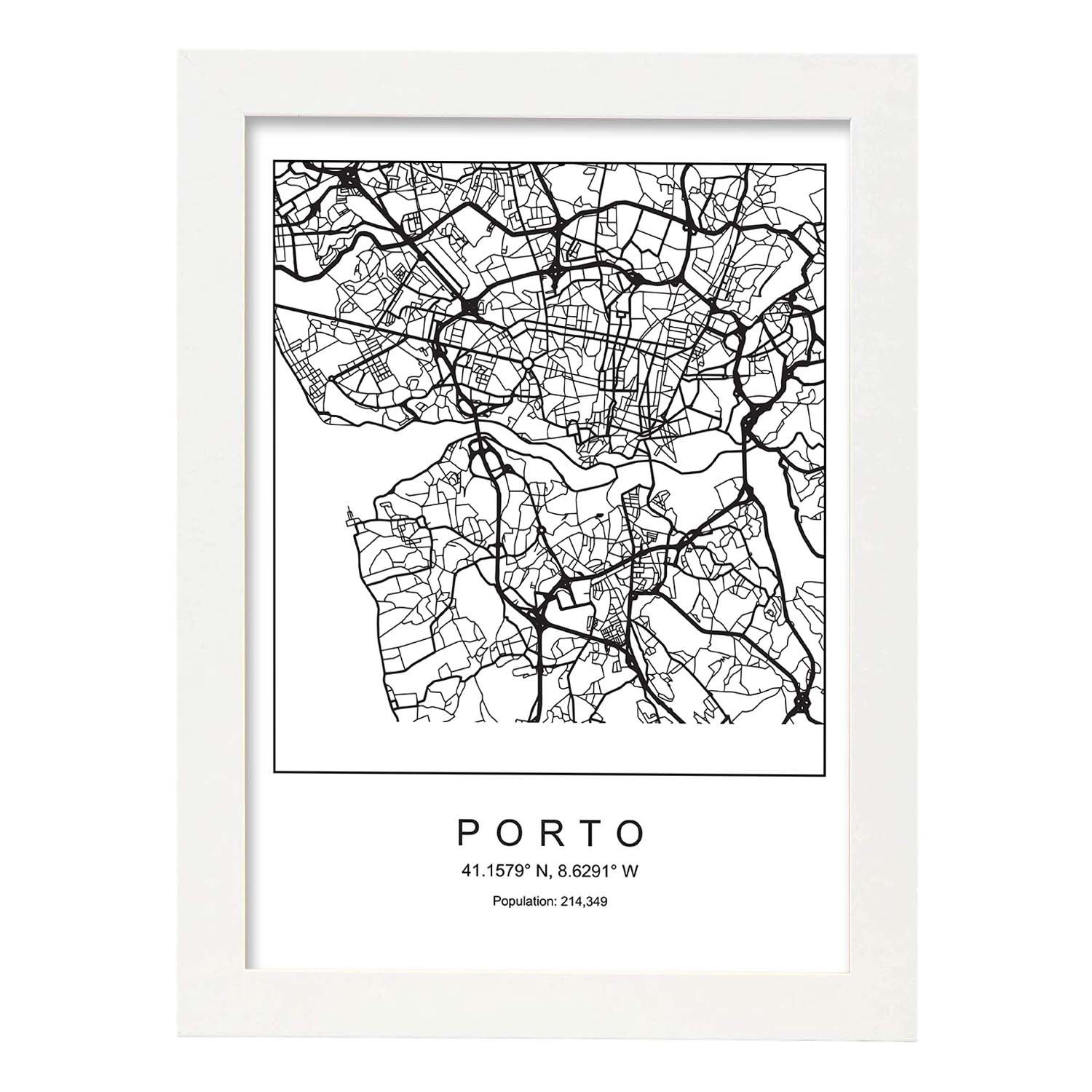 Lámina mapa de la ciudad Porto estilo nordico en blanco y negro.-Artwork-Nacnic-A4-Marco Blanco-Nacnic Estudio SL