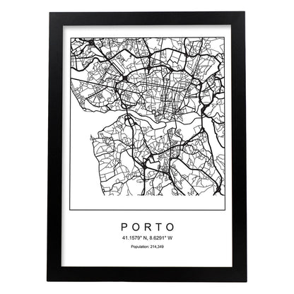 Lámina mapa de la ciudad Porto estilo nordico en blanco y negro.-Artwork-Nacnic-A4-Marco Negro-Nacnic Estudio SL