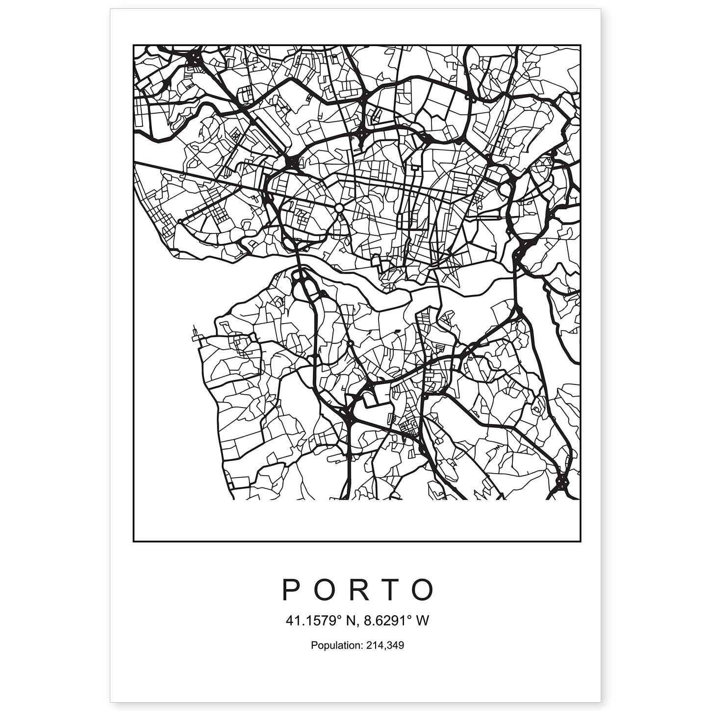 Lámina mapa de la ciudad Porto estilo nordico en blanco y negro.-Artwork-Nacnic-A4-Sin marco-Nacnic Estudio SL