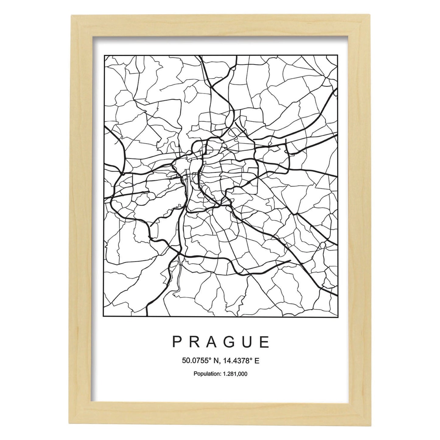 Lámina mapa de la ciudad Prague estilo nordico en blanco y negro.-Artwork-Nacnic-A3-Marco Madera clara-Nacnic Estudio SL