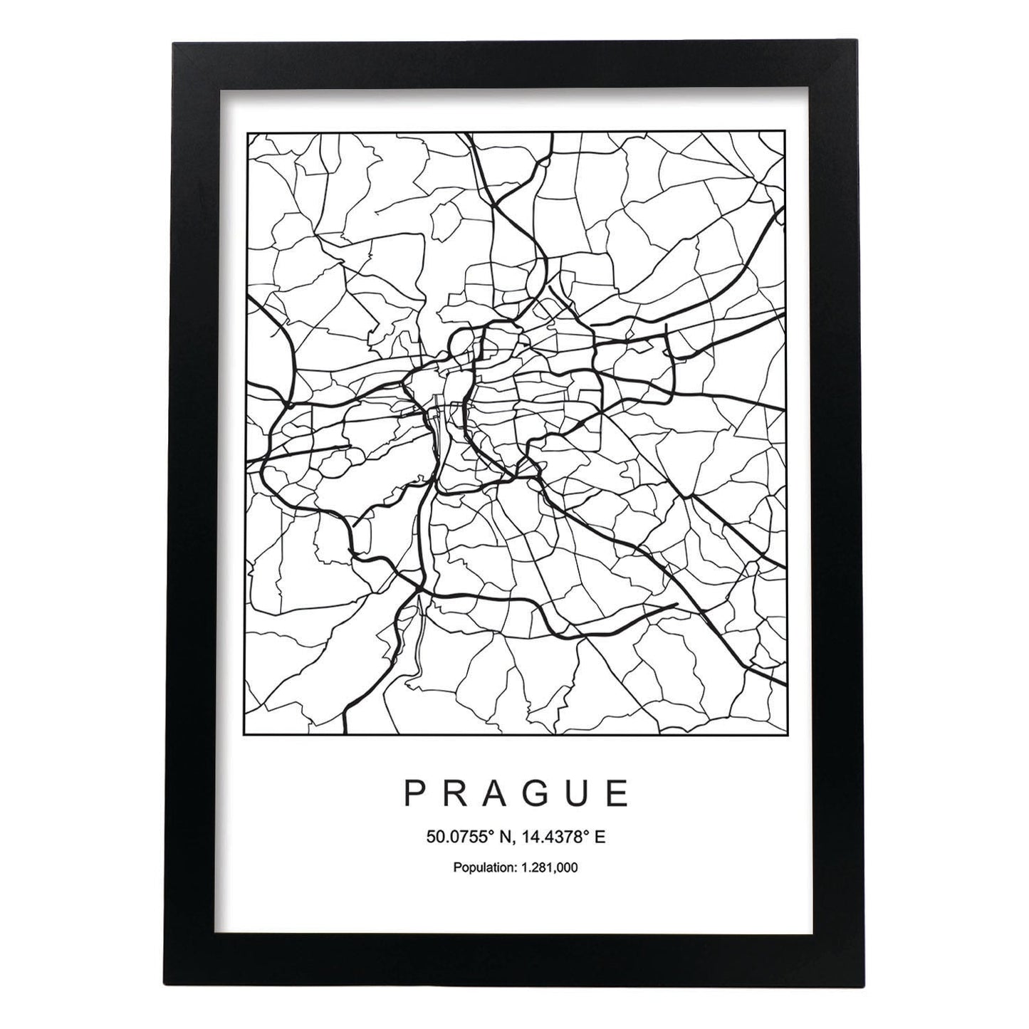 Lámina mapa de la ciudad Prague estilo nordico en blanco y negro.-Artwork-Nacnic-A3-Marco Negro-Nacnic Estudio SL