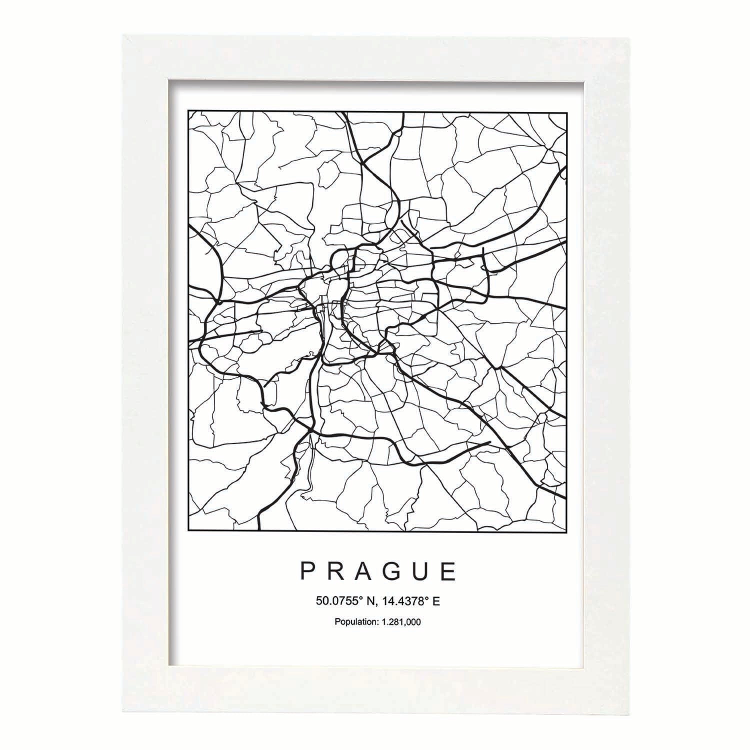 Lámina mapa de la ciudad Prague estilo nordico en blanco y negro.-Artwork-Nacnic-A4-Marco Blanco-Nacnic Estudio SL