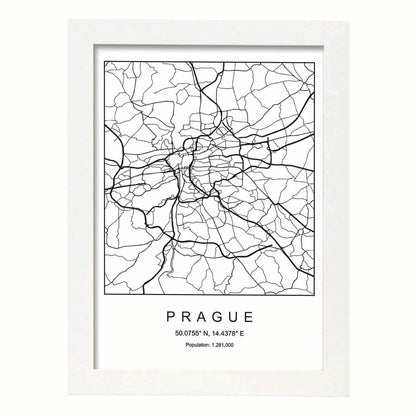 Lámina mapa de la ciudad Prague estilo nordico en blanco y negro.-Artwork-Nacnic-A4-Marco Blanco-Nacnic Estudio SL