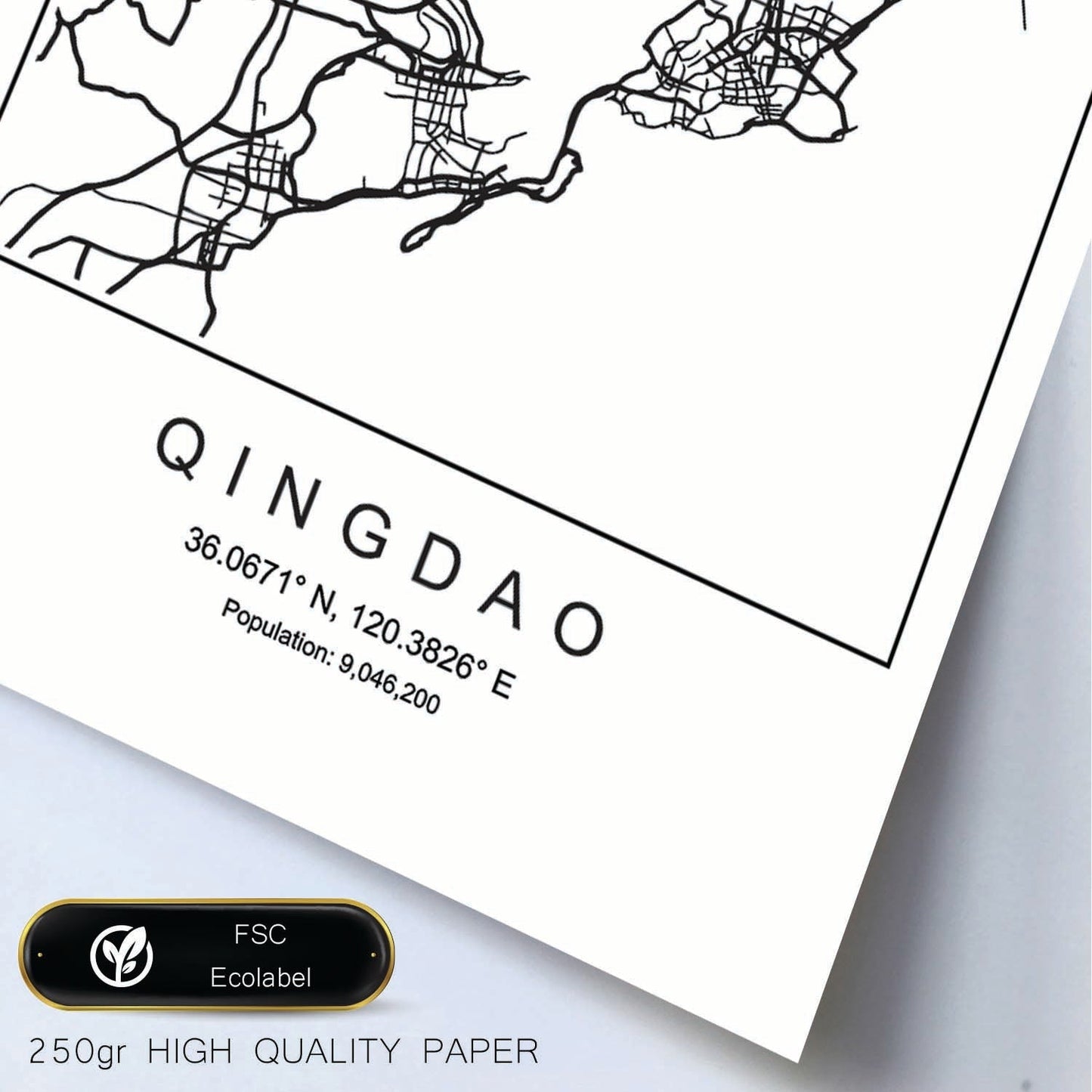 Lámina mapa de la ciudad Qingdao estilo nordico en blanco y negro.-Artwork-Nacnic-Nacnic Estudio SL