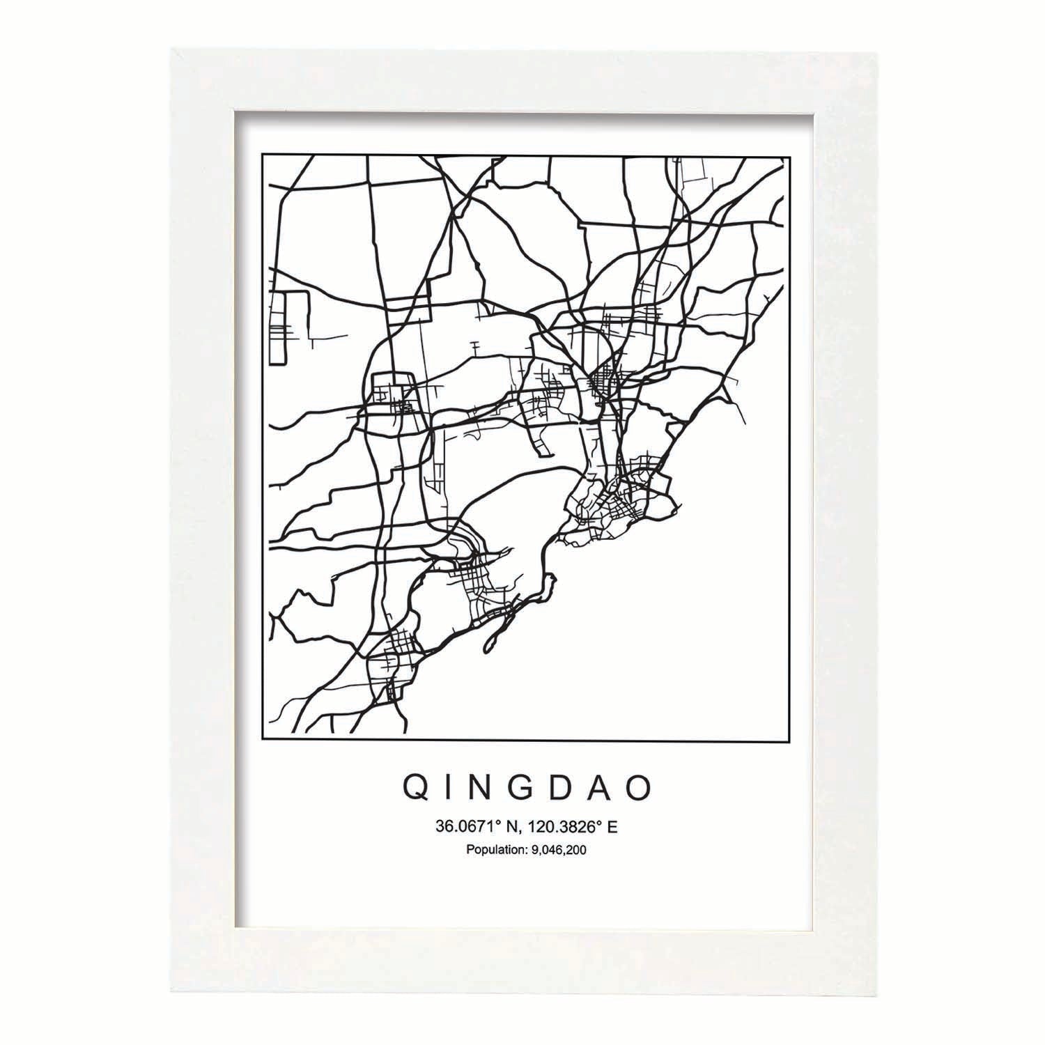 Lámina mapa de la ciudad Qingdao estilo nordico en blanco y negro.-Artwork-Nacnic-A3-Marco Blanco-Nacnic Estudio SL
