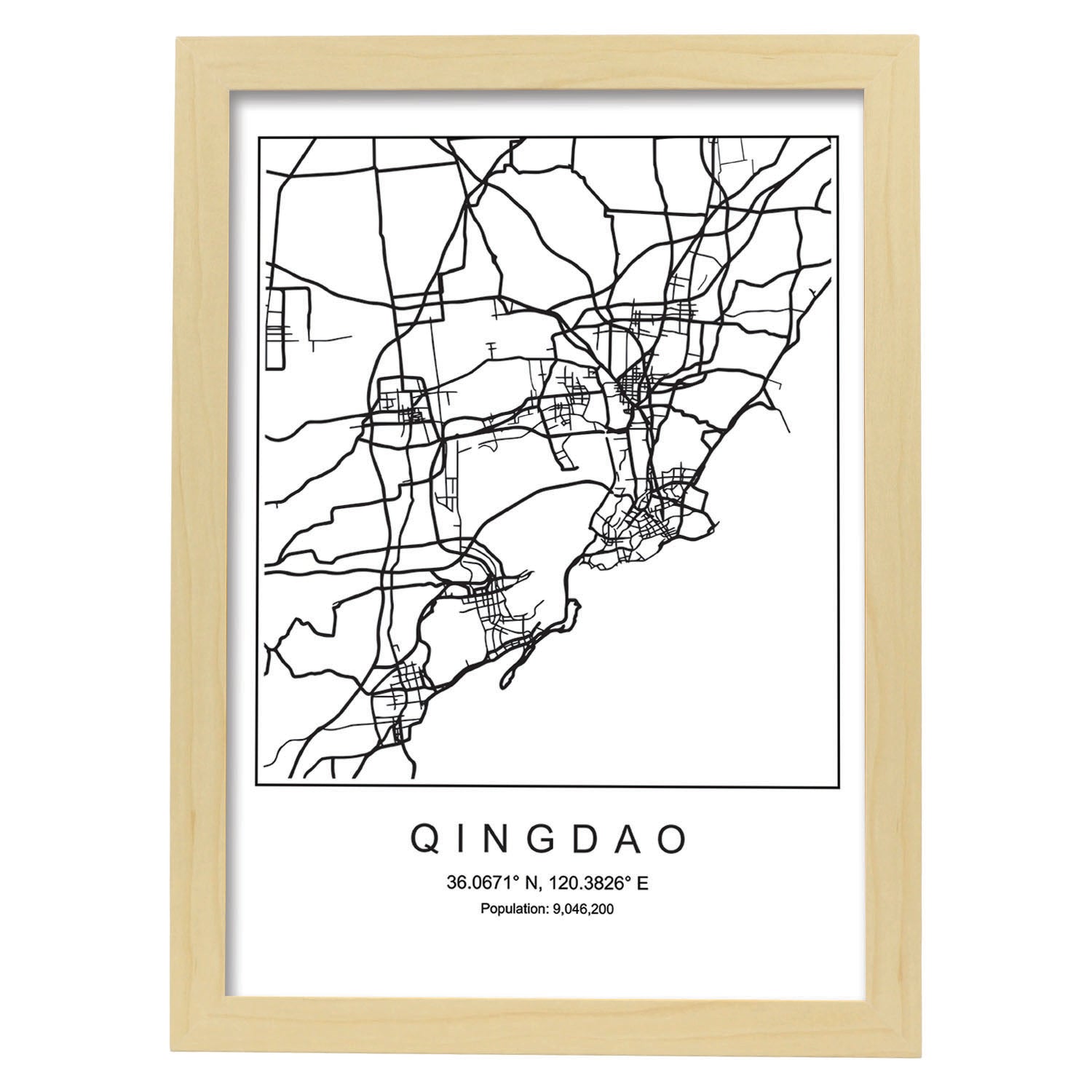 Lámina mapa de la ciudad Qingdao estilo nordico en blanco y negro.-Artwork-Nacnic-A3-Marco Madera clara-Nacnic Estudio SL