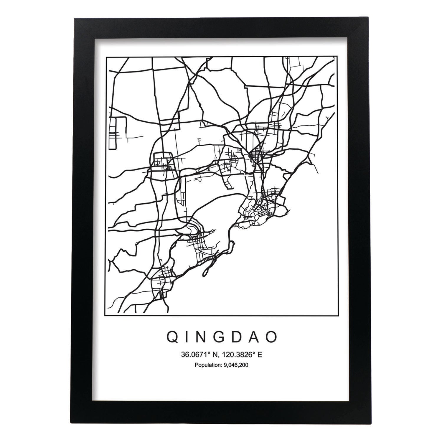 Lámina mapa de la ciudad Qingdao estilo nordico en blanco y negro.-Artwork-Nacnic-A3-Marco Negro-Nacnic Estudio SL