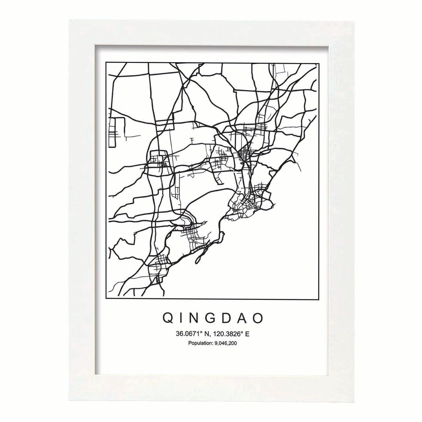 Lámina mapa de la ciudad Qingdao estilo nordico en blanco y negro.-Artwork-Nacnic-A4-Marco Blanco-Nacnic Estudio SL