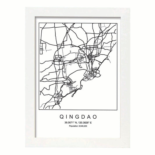 Lámina mapa de la ciudad Qingdao estilo nordico en blanco y negro.-Artwork-Nacnic-A4-Marco Blanco-Nacnic Estudio SL