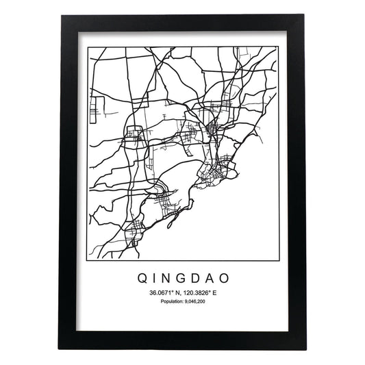 Lámina mapa de la ciudad Qingdao estilo nordico en blanco y negro.-Artwork-Nacnic-A4-Marco Negro-Nacnic Estudio SL