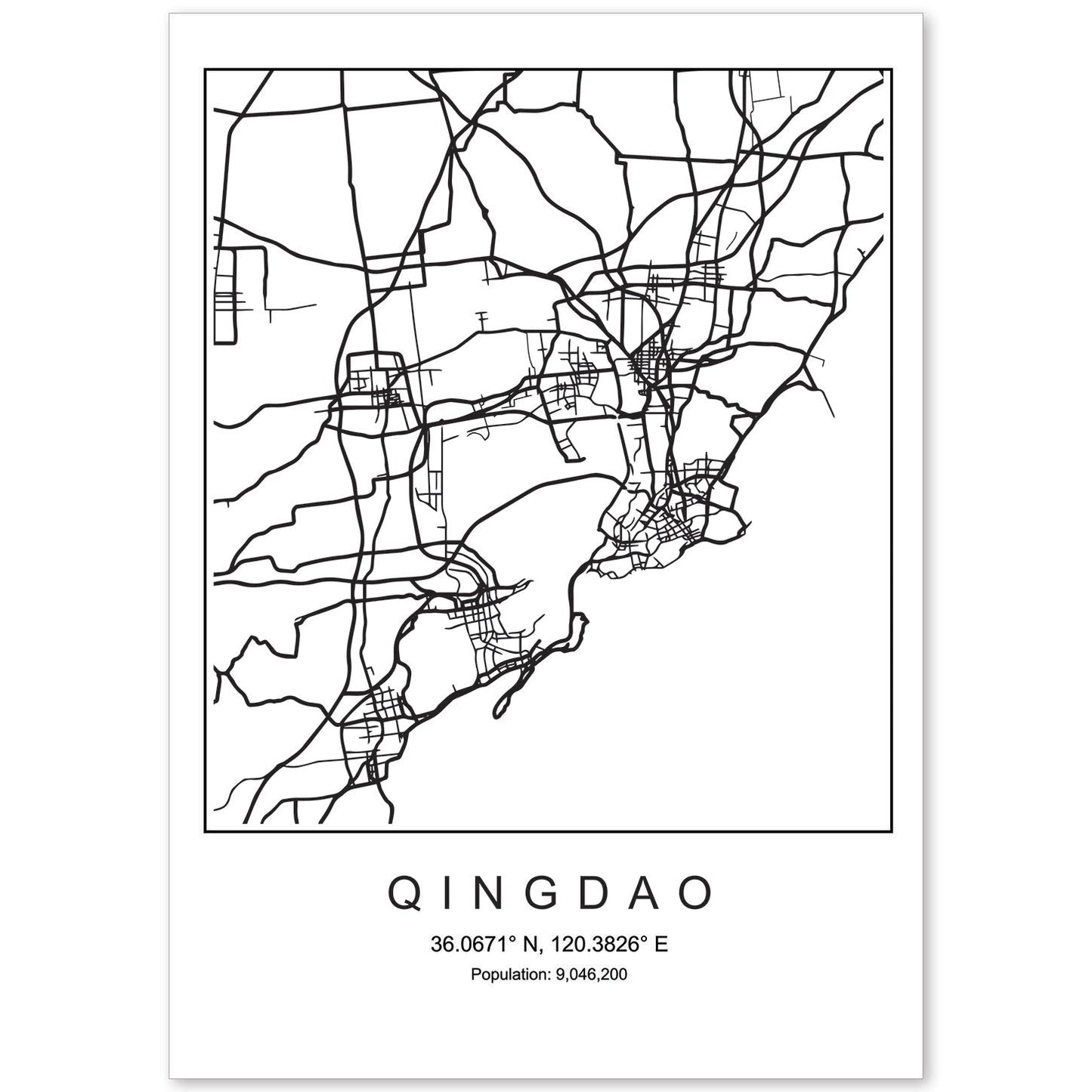 Lámina mapa de la ciudad Qingdao estilo nordico en blanco y negro.-Artwork-Nacnic-A4-Sin marco-Nacnic Estudio SL
