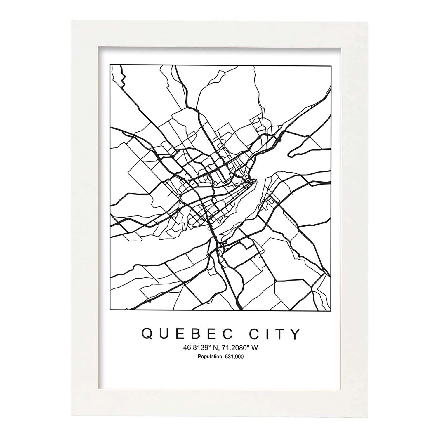 Lámina mapa de la ciudad Quebec estilo nordico en blanco y negro.-Artwork-Nacnic-A3-Marco Blanco-Nacnic Estudio SL