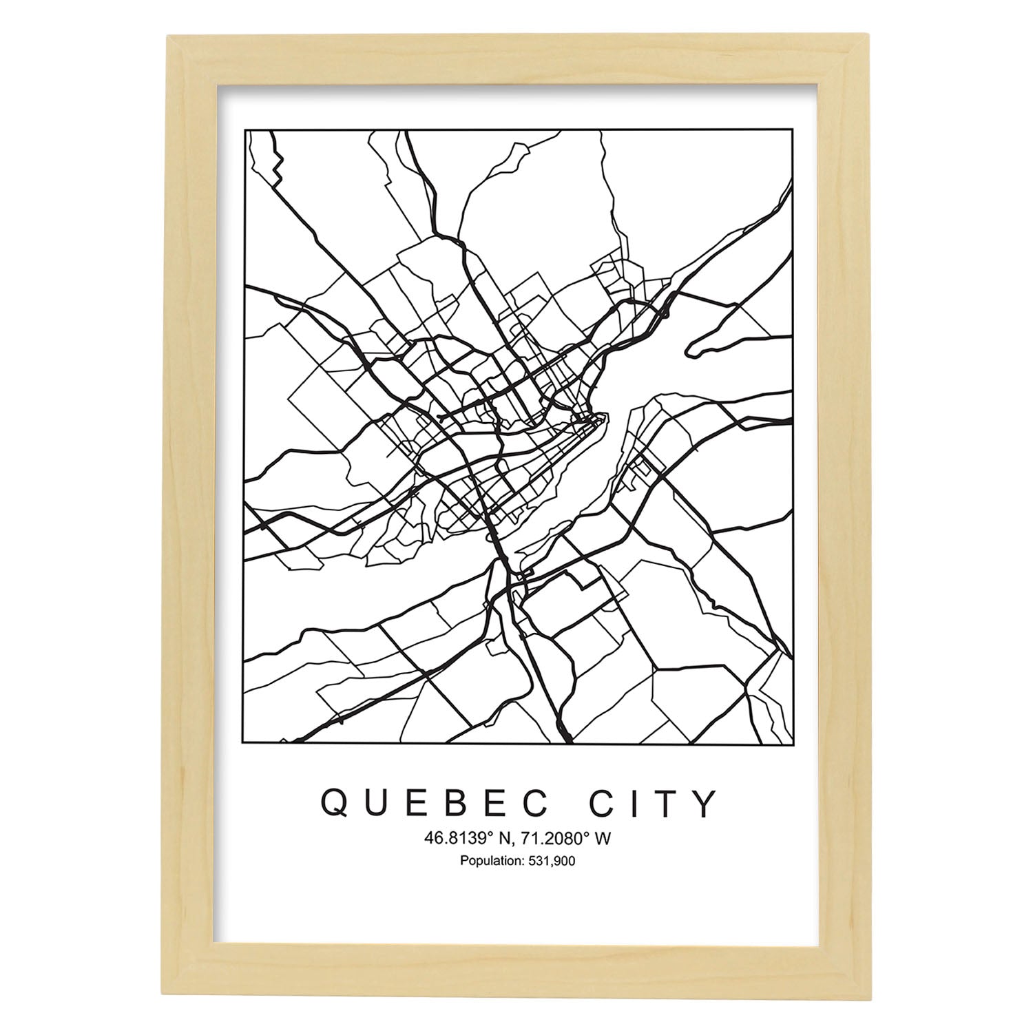 Lámina mapa de la ciudad Quebec estilo nordico en blanco y negro.-Artwork-Nacnic-A3-Marco Madera clara-Nacnic Estudio SL