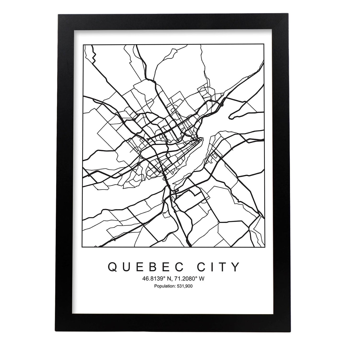 Lámina mapa de la ciudad Quebec estilo nordico en blanco y negro.-Artwork-Nacnic-A3-Marco Negro-Nacnic Estudio SL