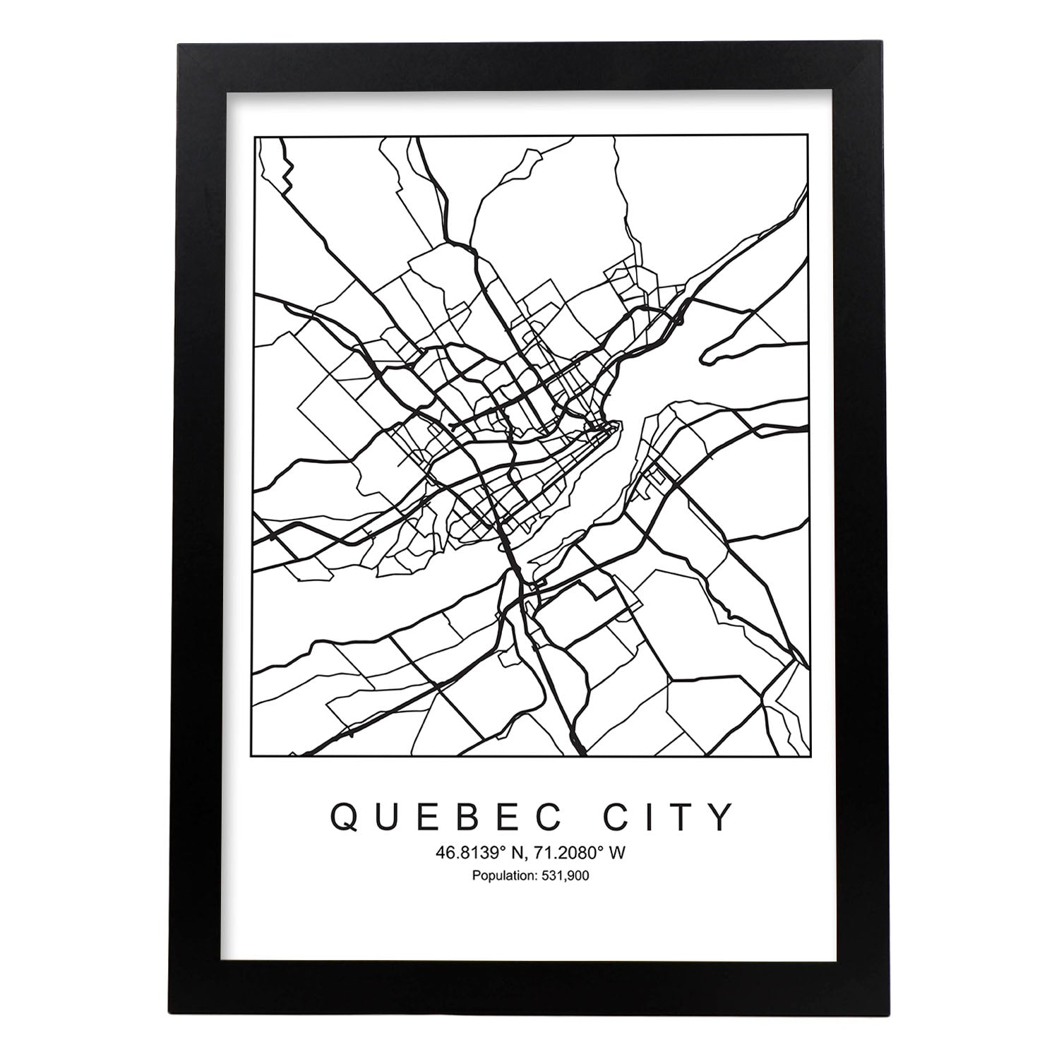 Lámina mapa de la ciudad Quebec estilo nordico en blanco y negro.-Artwork-Nacnic-A3-Marco Negro-Nacnic Estudio SL