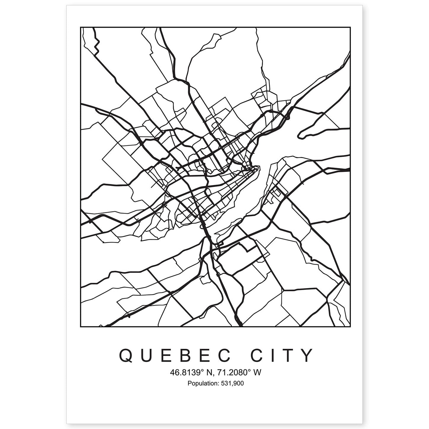 Lámina mapa de la ciudad Quebec estilo nordico en blanco y negro.-Artwork-Nacnic-A4-Sin marco-Nacnic Estudio SL