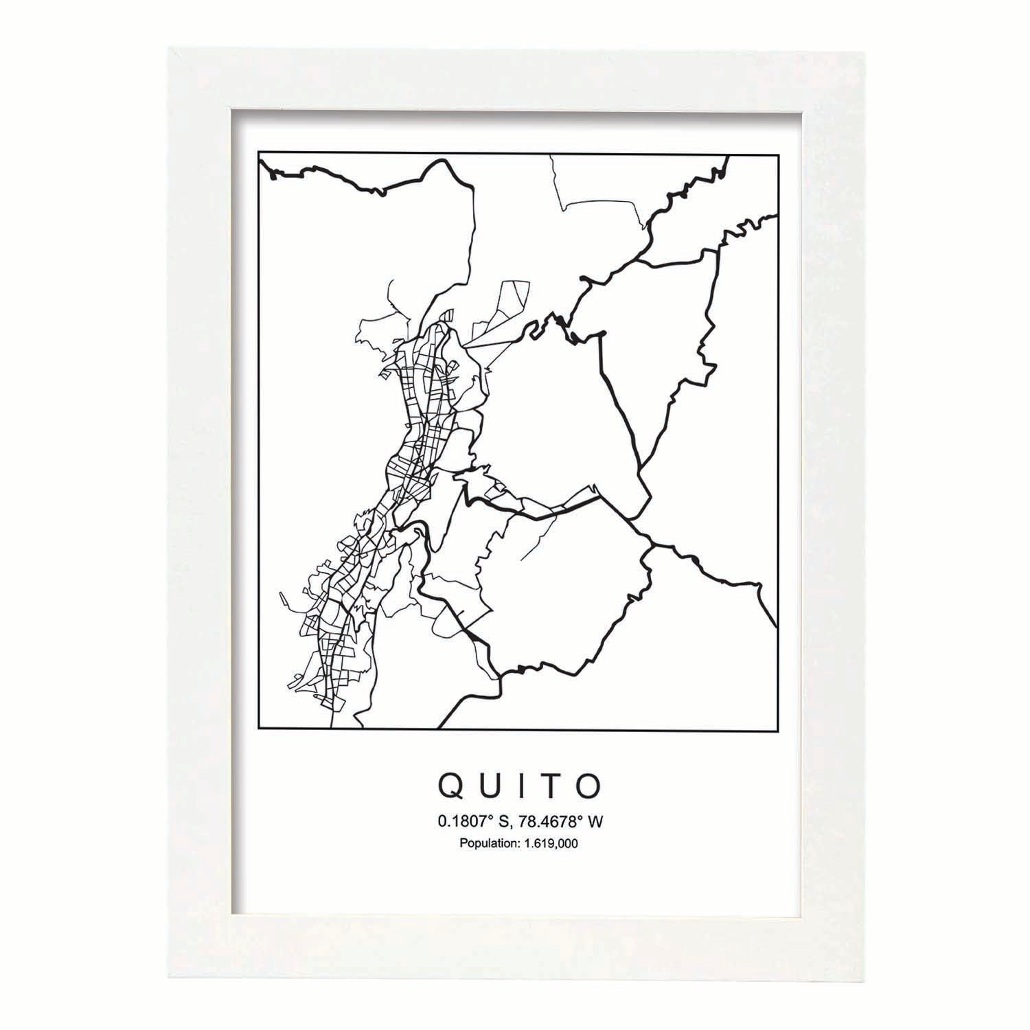 Lámina mapa de la ciudad Quito estilo nordico en blanco y negro.-Artwork-Nacnic-A3-Marco Blanco-Nacnic Estudio SL