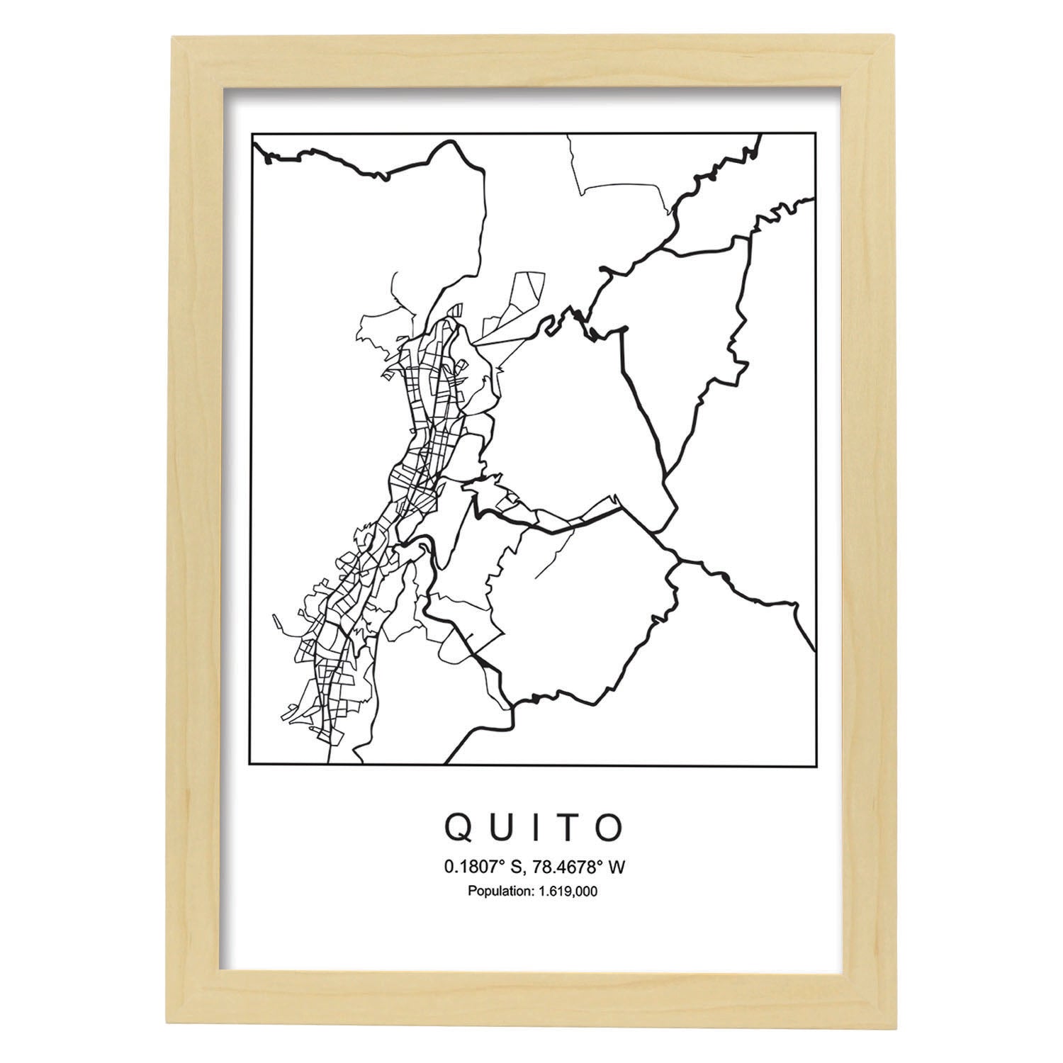 Lámina mapa de la ciudad Quito estilo nordico en blanco y negro.-Artwork-Nacnic-A3-Marco Madera clara-Nacnic Estudio SL