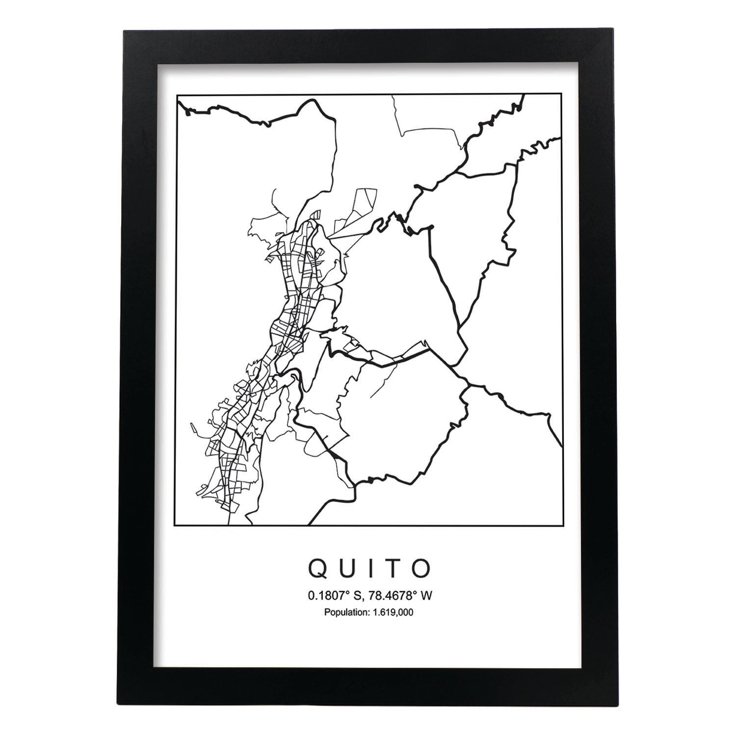 Lámina mapa de la ciudad Quito estilo nordico en blanco y negro.-Artwork-Nacnic-A3-Marco Negro-Nacnic Estudio SL