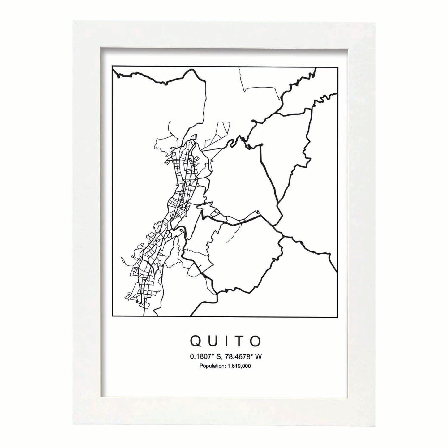 Lámina mapa de la ciudad Quito estilo nordico en blanco y negro.-Artwork-Nacnic-A4-Marco Blanco-Nacnic Estudio SL