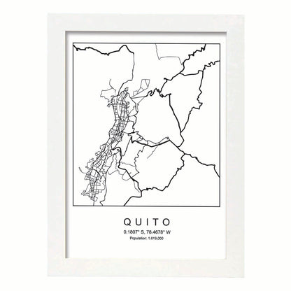 Lámina mapa de la ciudad Quito estilo nordico en blanco y negro.-Artwork-Nacnic-A4-Marco Blanco-Nacnic Estudio SL