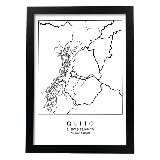 Lámina mapa de la ciudad Quito estilo nordico en blanco y negro.-Artwork-Nacnic-A4-Marco Negro-Nacnic Estudio SL