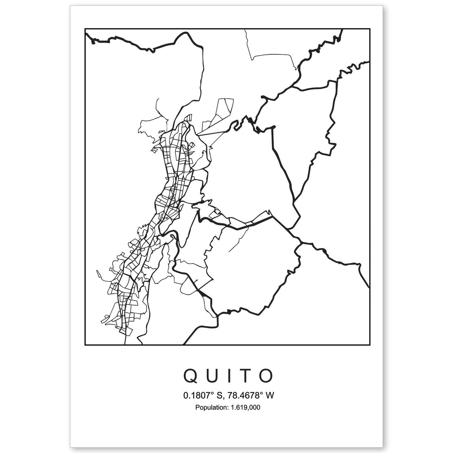 Lámina mapa de la ciudad Quito estilo nordico en blanco y negro.-Artwork-Nacnic-A4-Sin marco-Nacnic Estudio SL